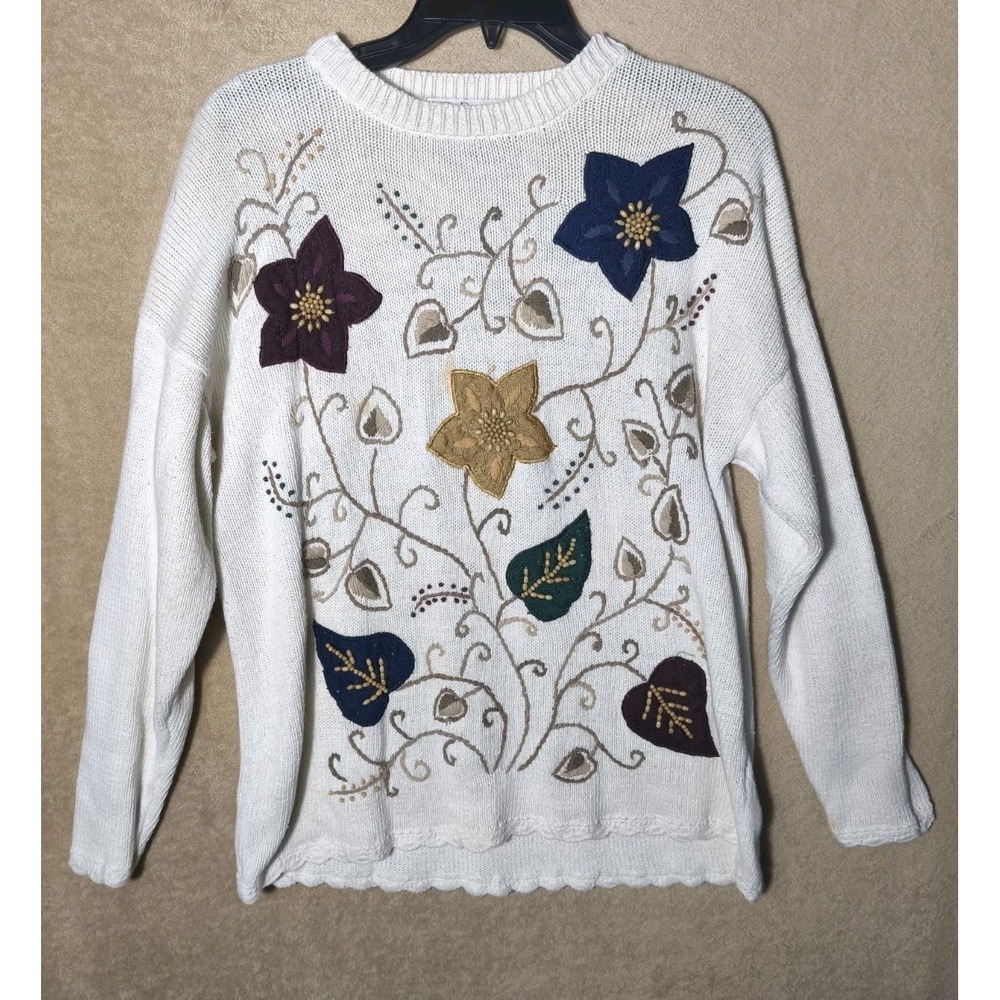 Vintage Floral Applique Embroidered Knit‎ Sweater Womens Cottagecore Boho Large